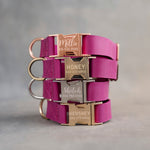 Hot Pink dog collars in Fuchsia full-grain leather, 1 in wide, with quick release buckles engraved with names