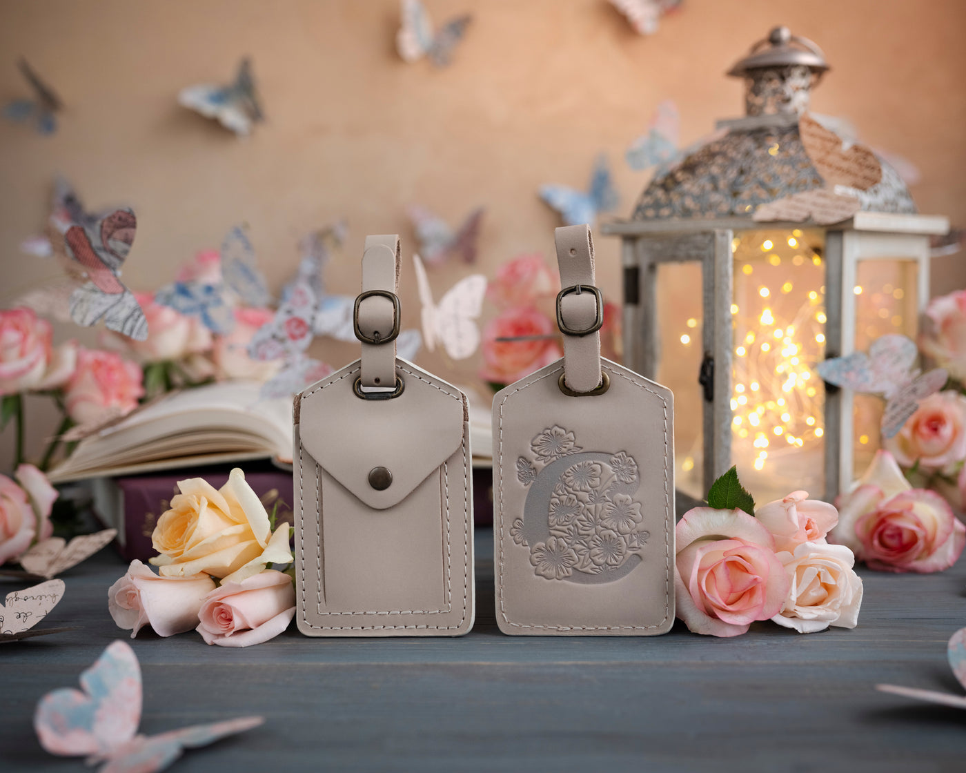 Flower initial leather luggage tag