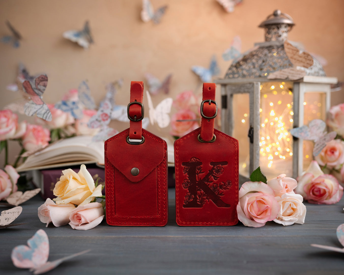 Flower initial leather luggage tag