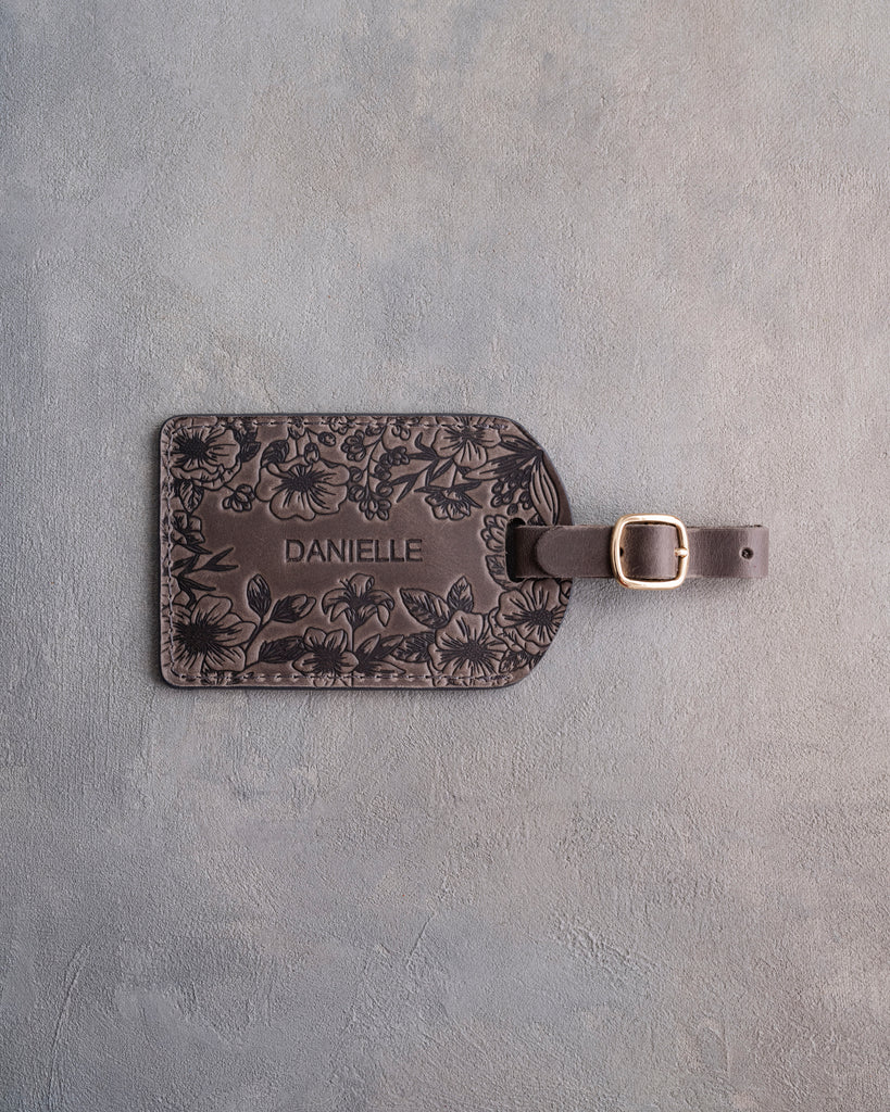 Floral Name Luggage Tag in Dark Espresso Leather