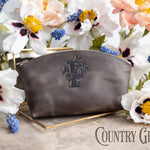 Country gray leather makeup pouch with a floral initial, framed by white poppies
