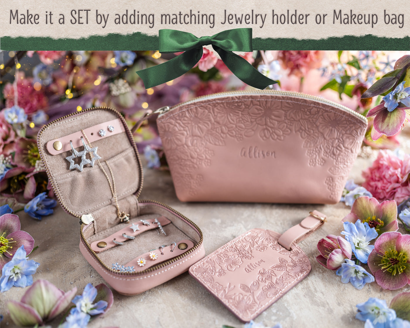 Personalized Leather Luggage Tags in Floral Style with hand-finished detailing
