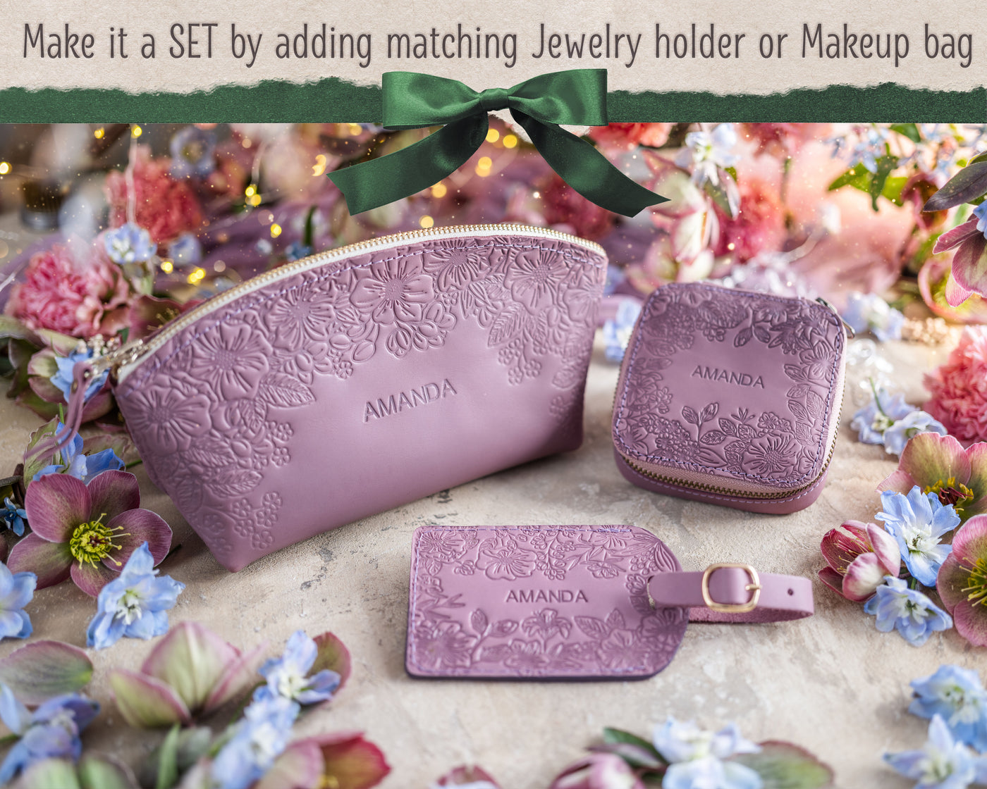 Personalized Leather Luggage Tags in Floral Style, handcrafted to order