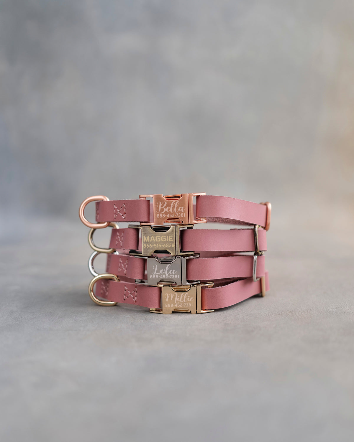 Dusty Pink dog collars in Parisian Blossom full-grain leather, 5/8 in wide, with engraved quick release buckles in four finishes