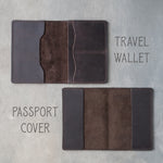 Open leather passport cover and travel wallet showing the inside pockets