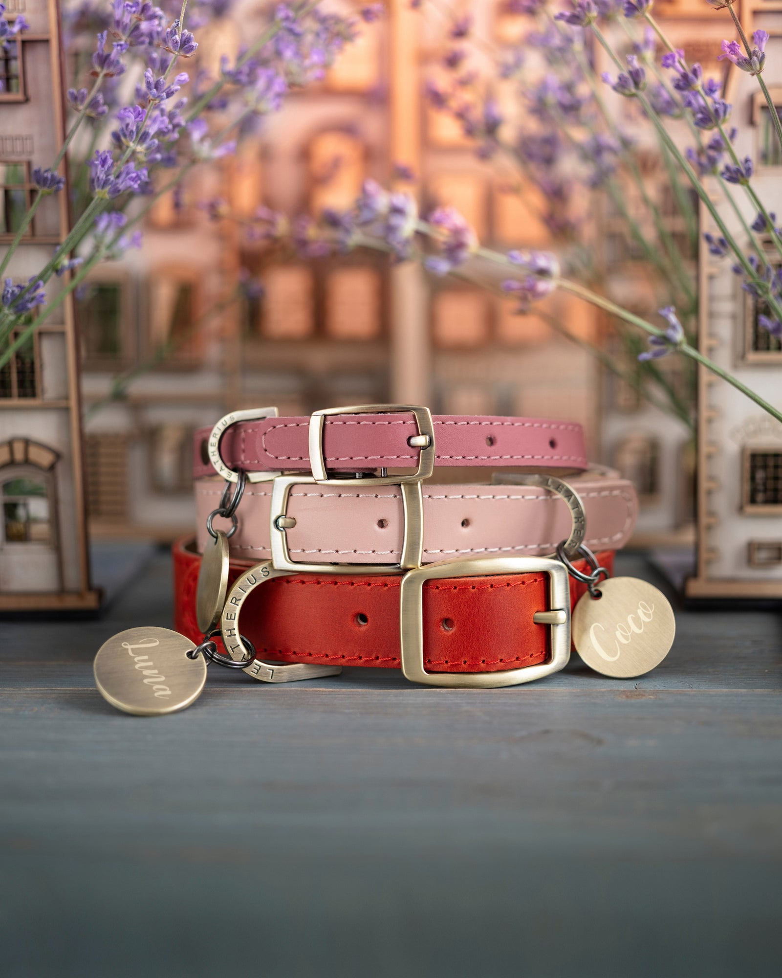 Personalized leather dog collar in Lavender Provence style