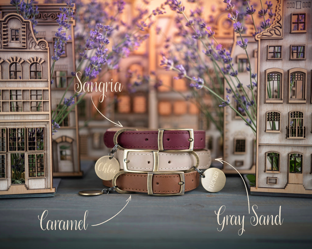 Personalized leather dog collar in Lavender Provence style