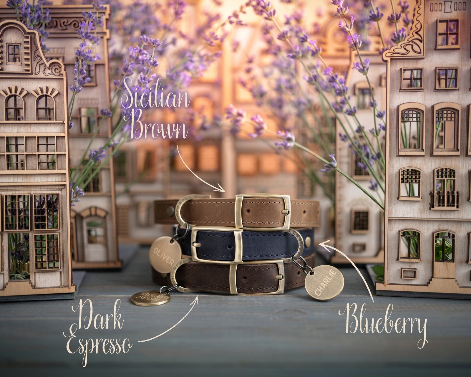 Personalized leather dog collar in Lavender Provence style