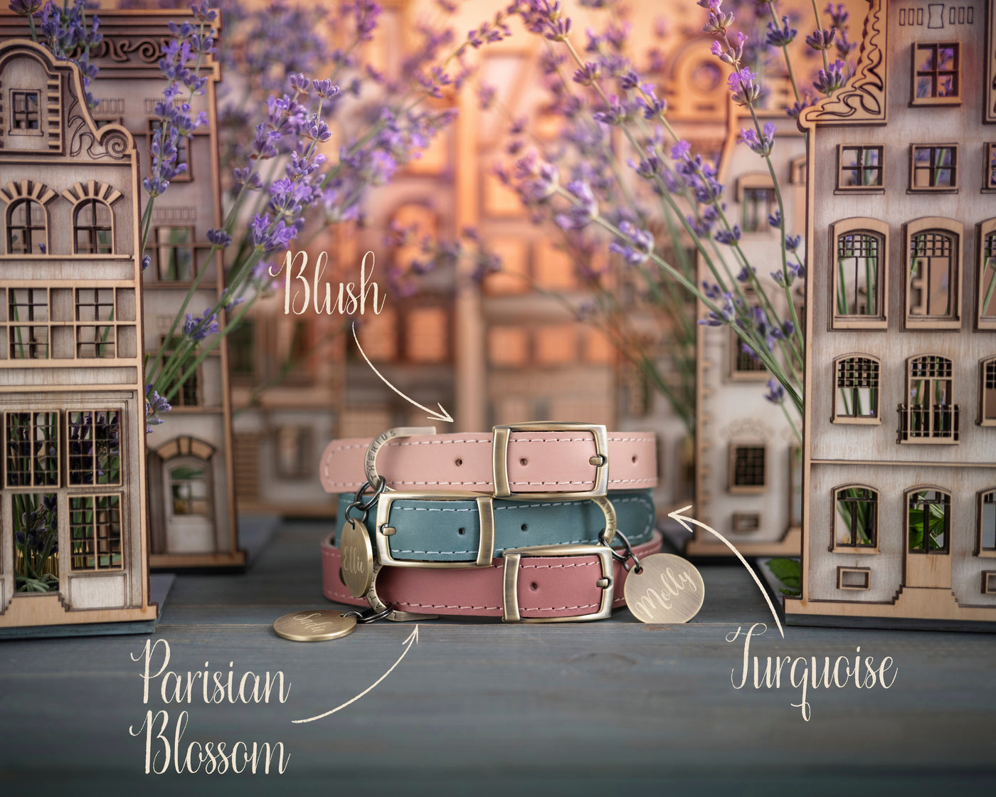 Personalized leather dog collar in Lavender Provence style