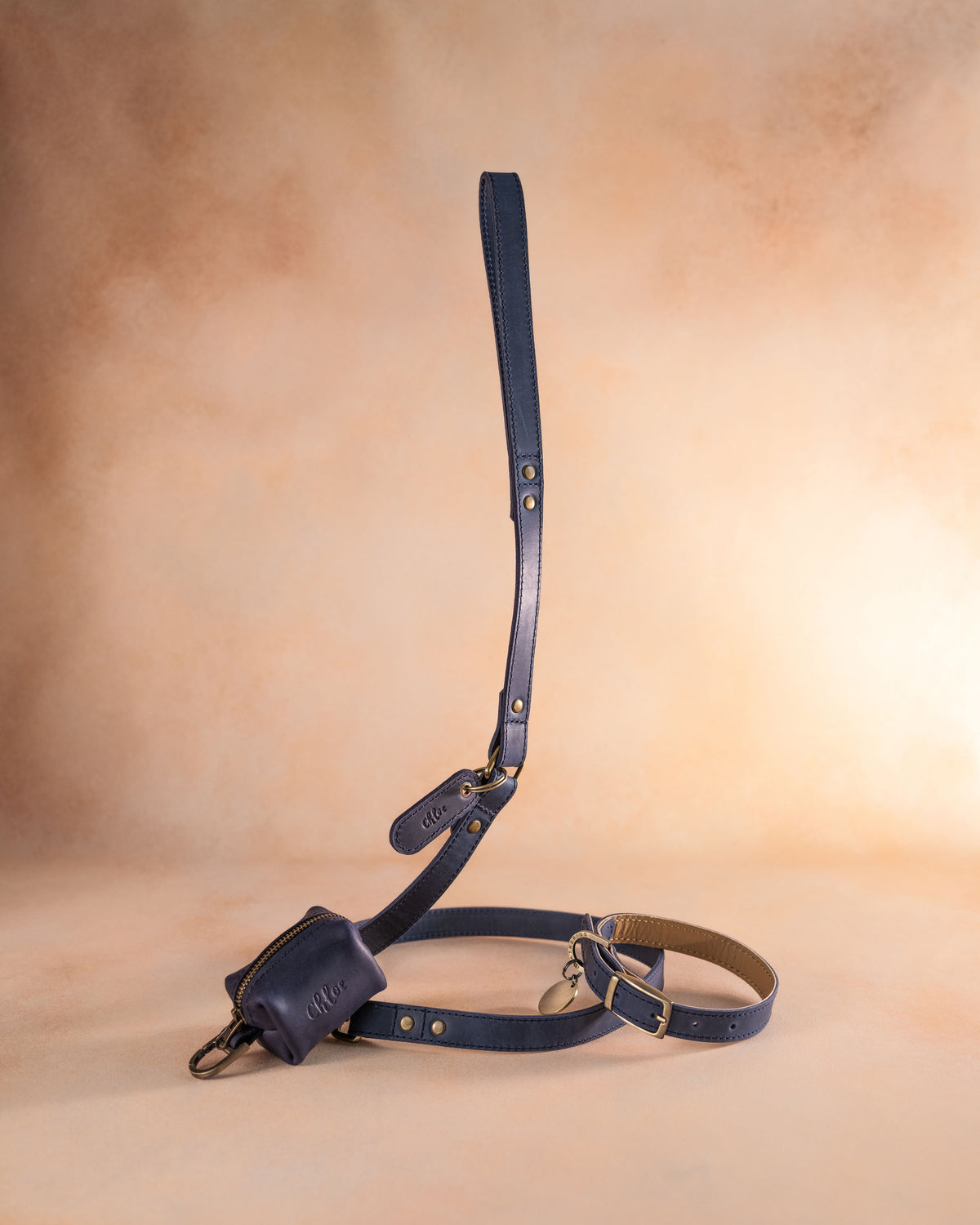 Blueberry navy leather dog collar with a matching leash strap, shown against a warm backdrop