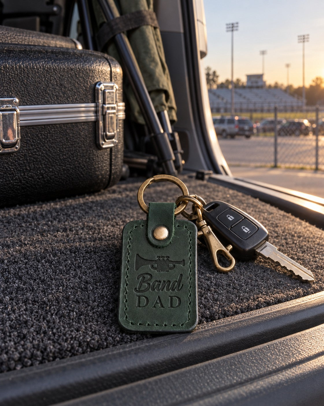 Green Band Dad keychain hanging from a truck key beside an equipment trailer at a high school stadium