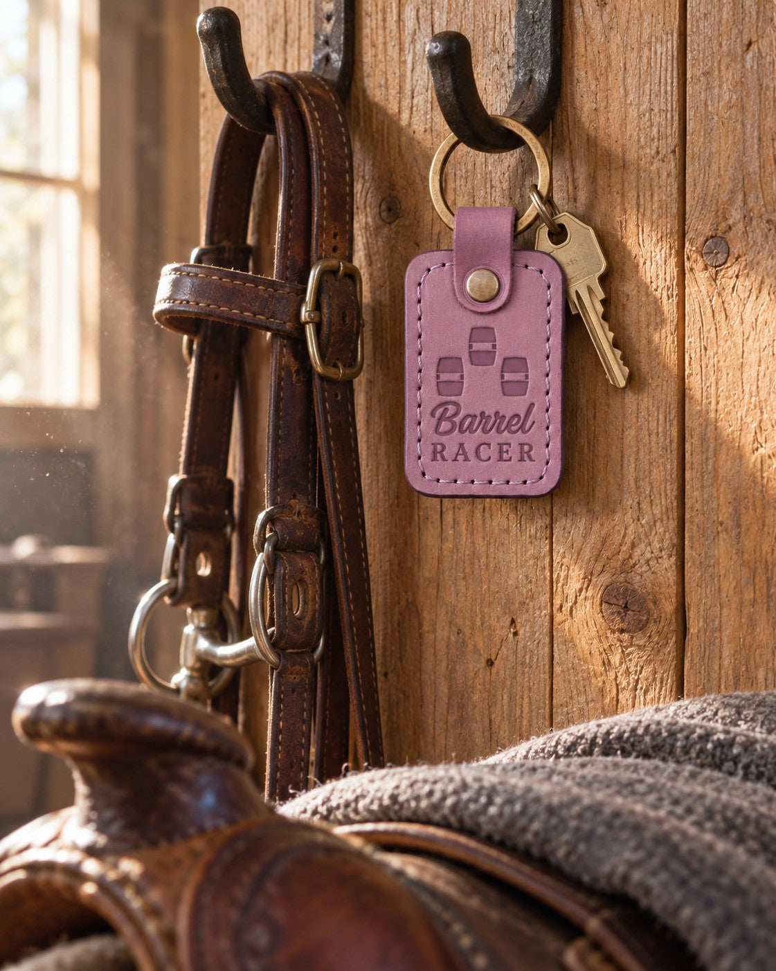 Lilac Barrel RACER keychain hanging from a forged bridle hook on a tack room wall beside a worn headstall