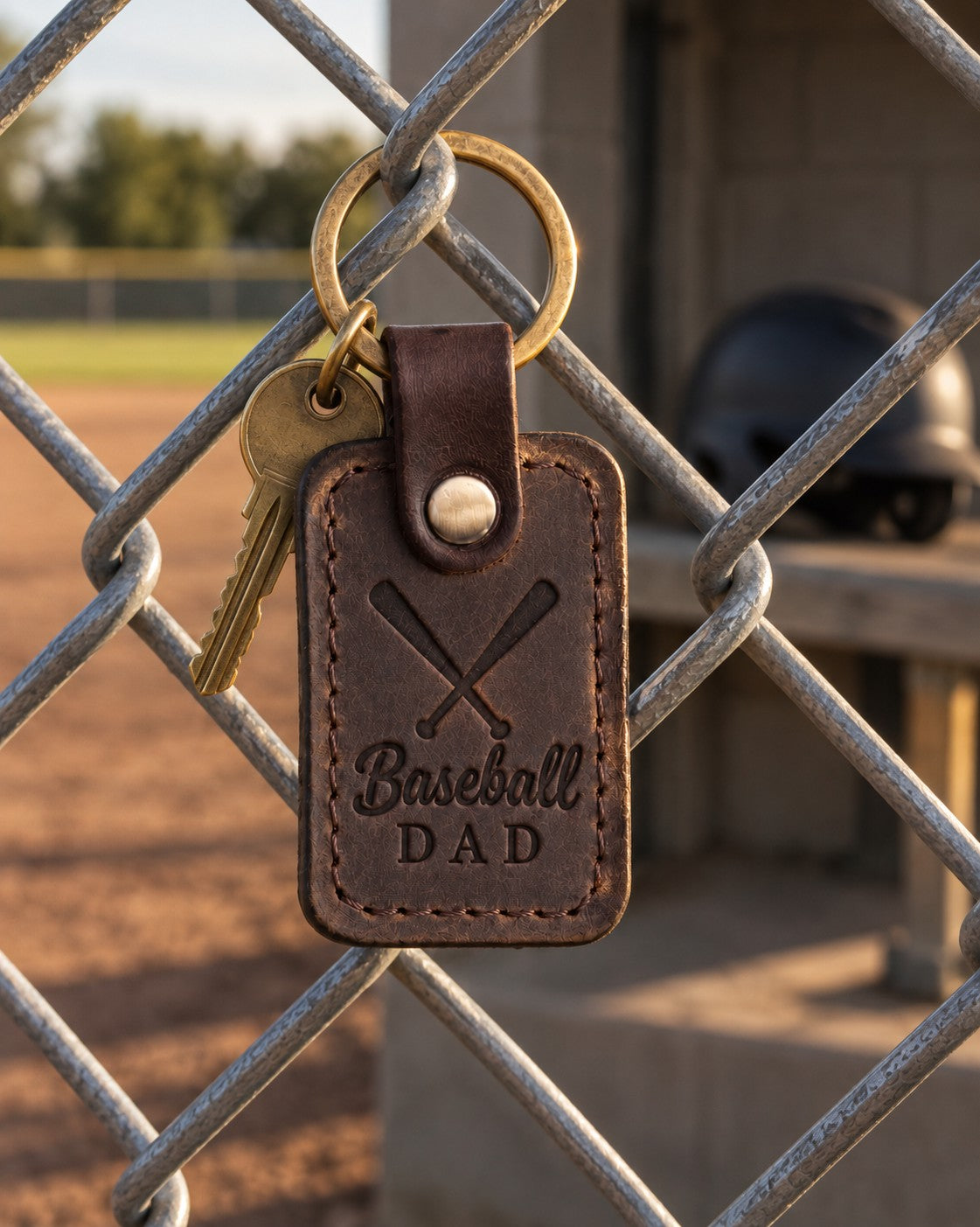 Dark brown Baseball Dad keychain on truck keys resting on a dugout bench beside a worn glove