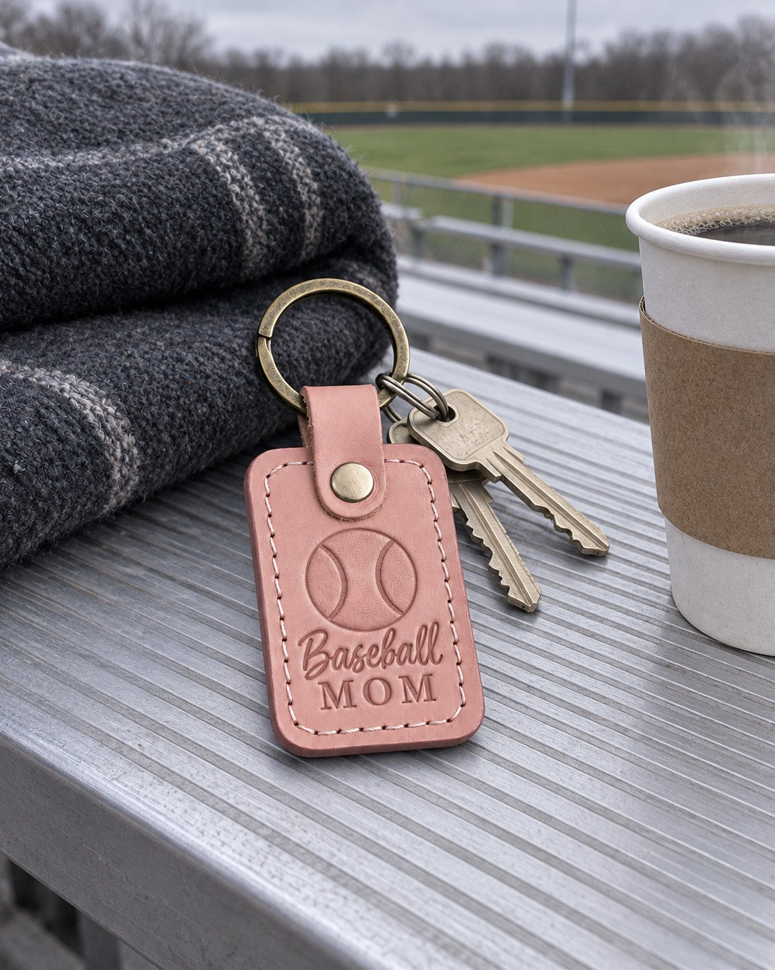Blush Baseball Mom keychain clipped to a bat bag zipper beside a folding chair at a ballfield