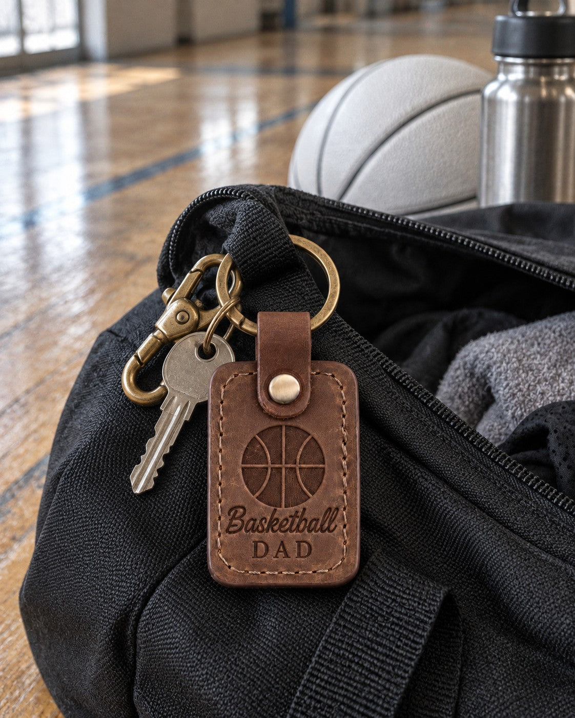 Brown Basketball Dad keychain on keys lying on a driveway beside a basketball at dusk