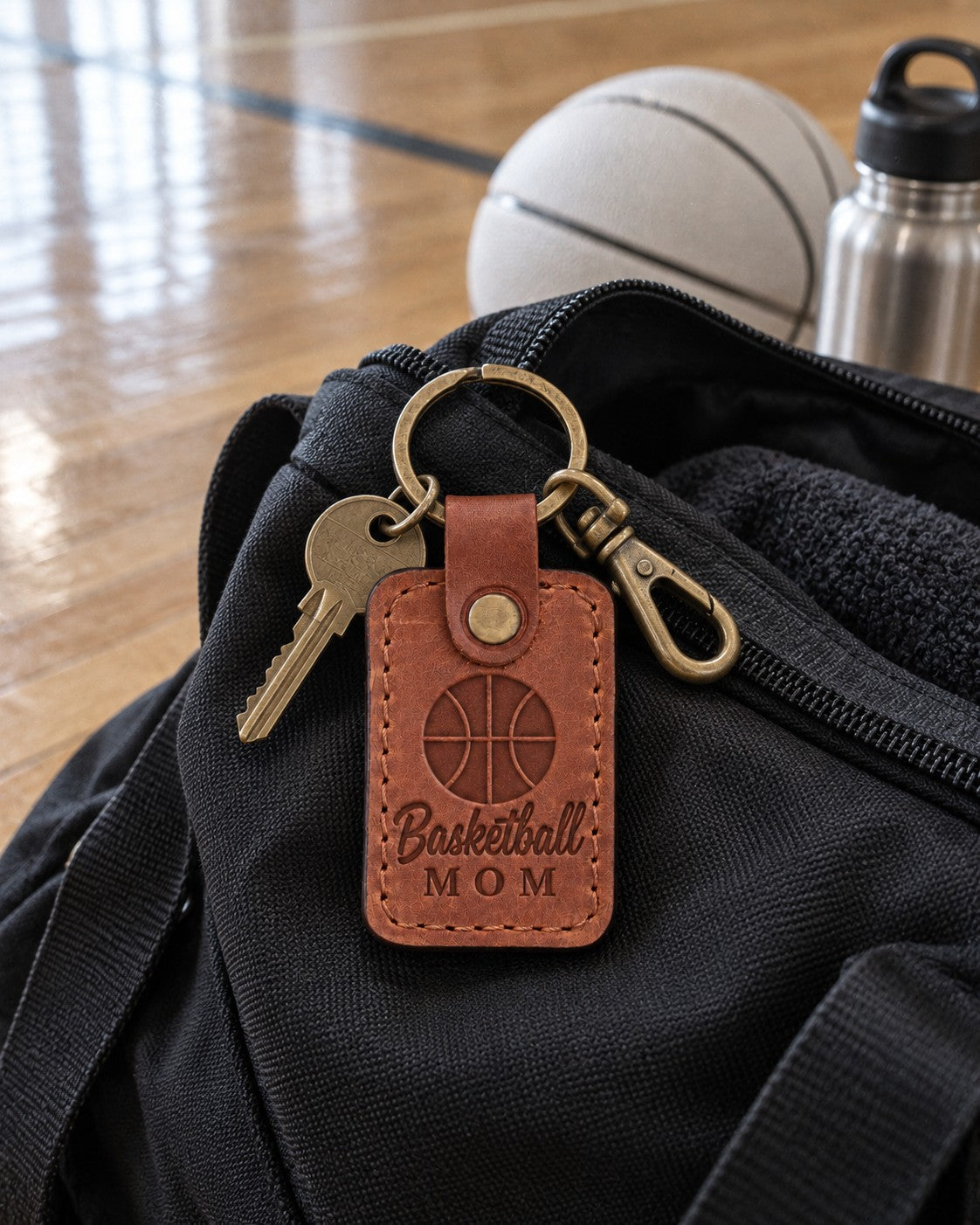 Orange tan Basketball Mom keychain on car keys resting on a gym bleacher beside a water bottle