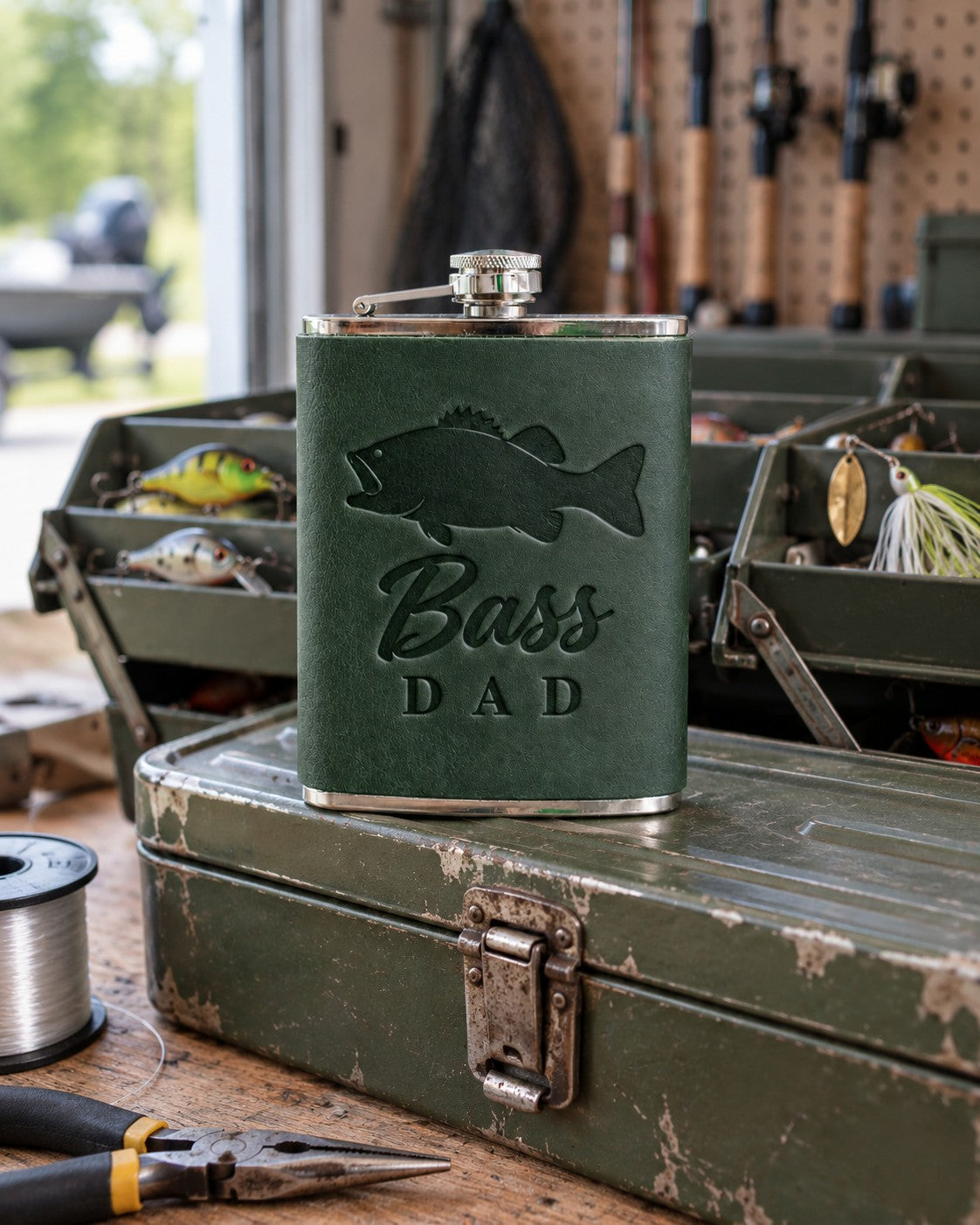 Forest green Bass DAD hip flask in full-grain leather on the lid of an olive-green steel tackle box in a garage, lures in the trays behind