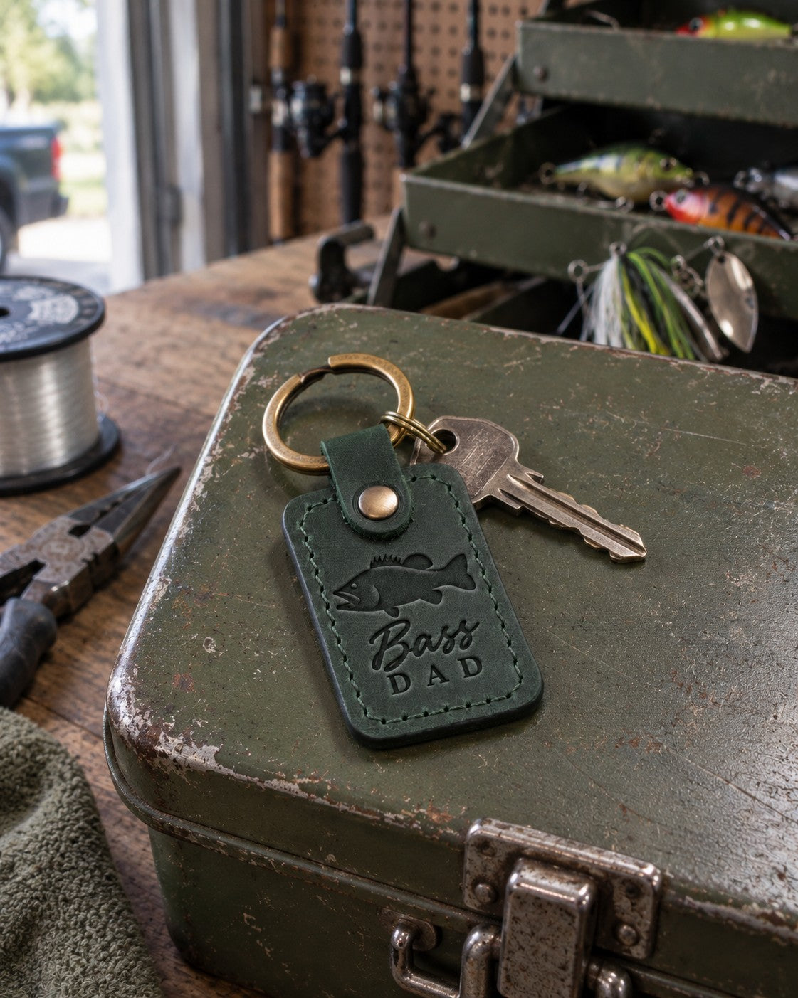 Forest green Bass DAD keychain in full-grain leather on the lid of an olive-green steel tackle box in a garage, lures in the trays behind