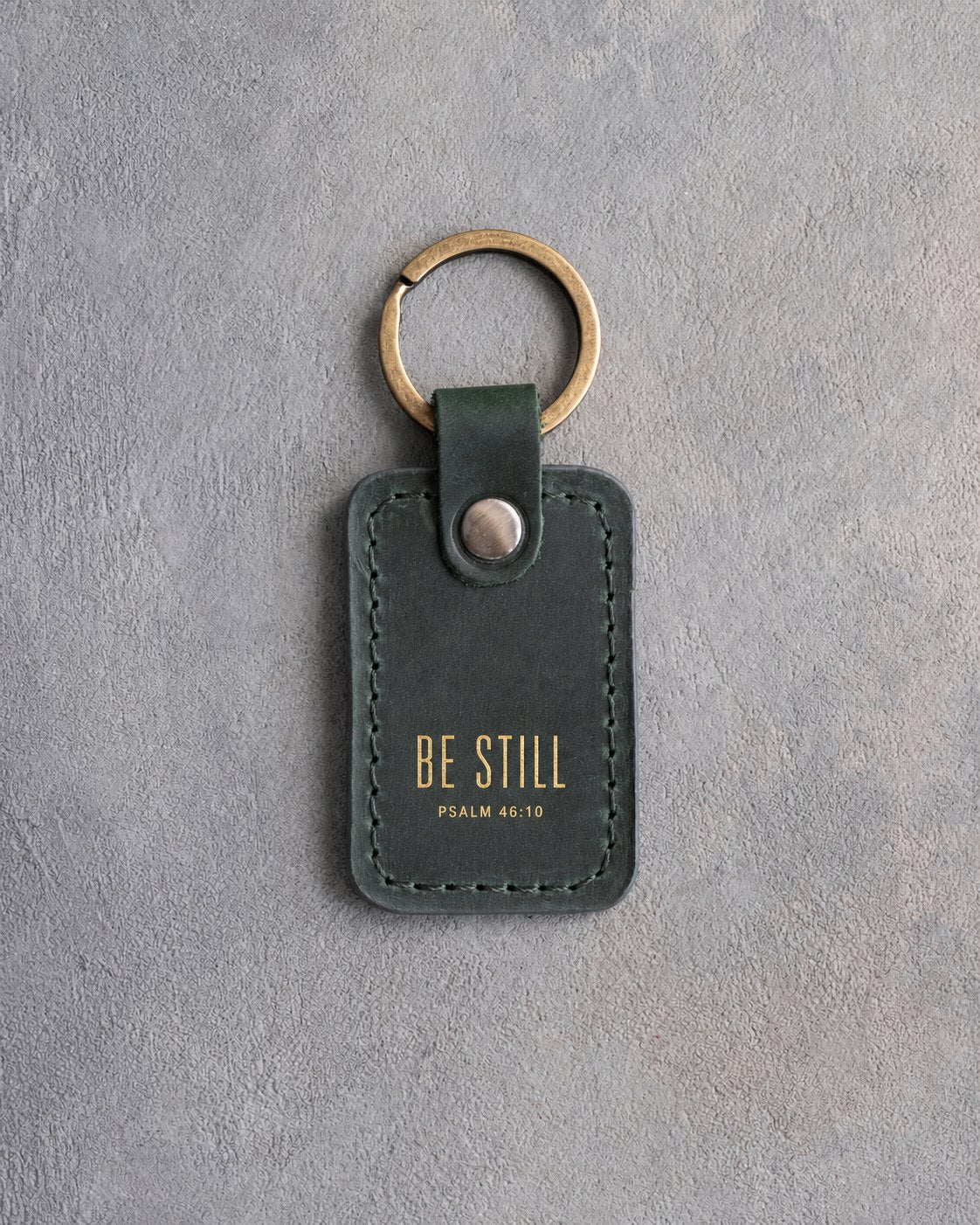 Be Still Psalm 46:10 Forest Green handcrafted leather keychain, Christian scripture gift
