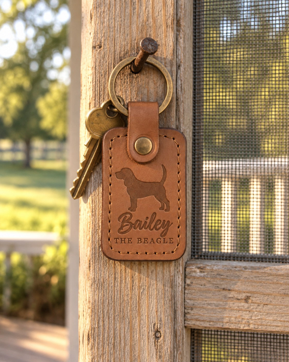 Caramel Bailey the Beagle keychain held in a warm everyday setting