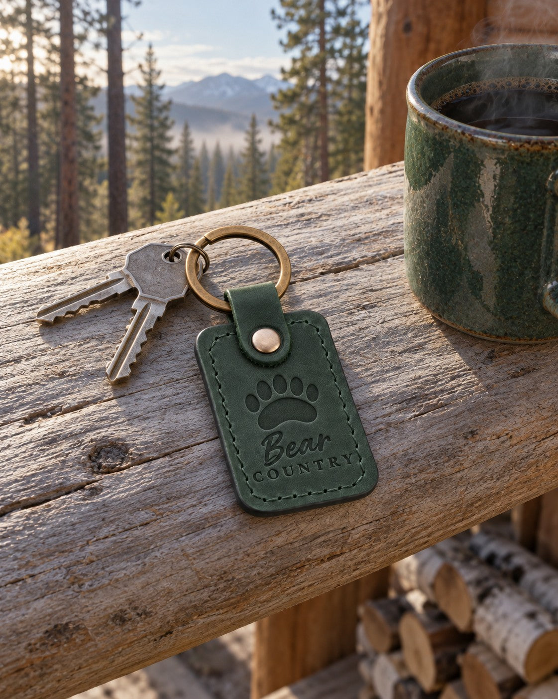Green Bear Country keychain clipped to a daypack zipper at a wooden trailhead sign in pine woods