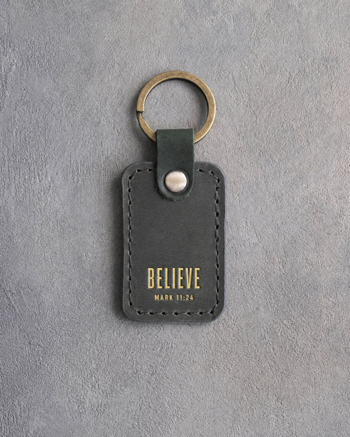 Believe Mark 11:24 Forest Green handcrafted leather keychain, Christian scripture gift