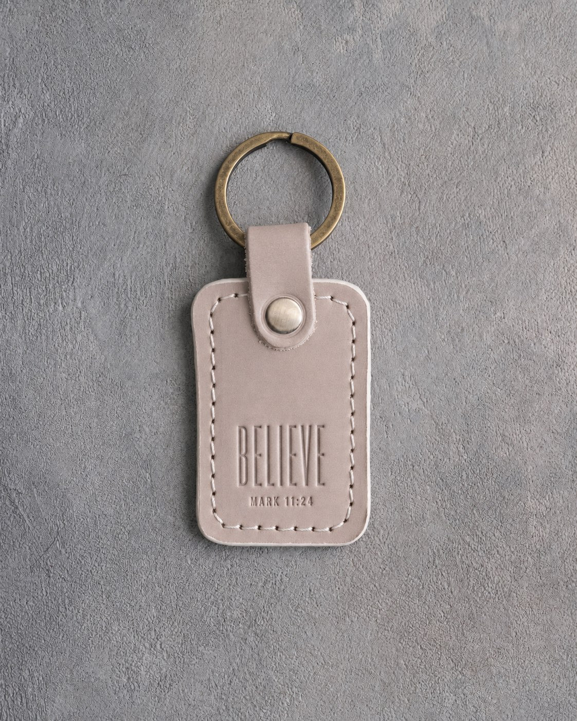 Believe Mark 11:24 Gray Sand handcrafted leather keychain, Christian scripture gift