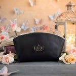 Believe Mark 11:24 Black full-grain leather makeup bag, Christian scripture gift