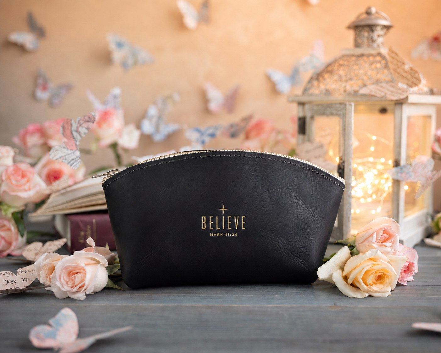 Believe Mark 11:24 Black full-grain leather makeup bag, Christian scripture gift