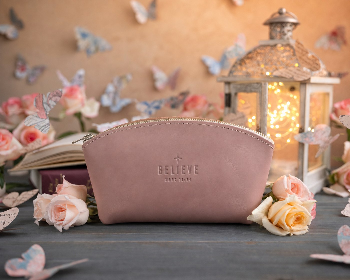 Believe Mark 11:24 Blush full-grain leather makeup bag, Christian scripture gift