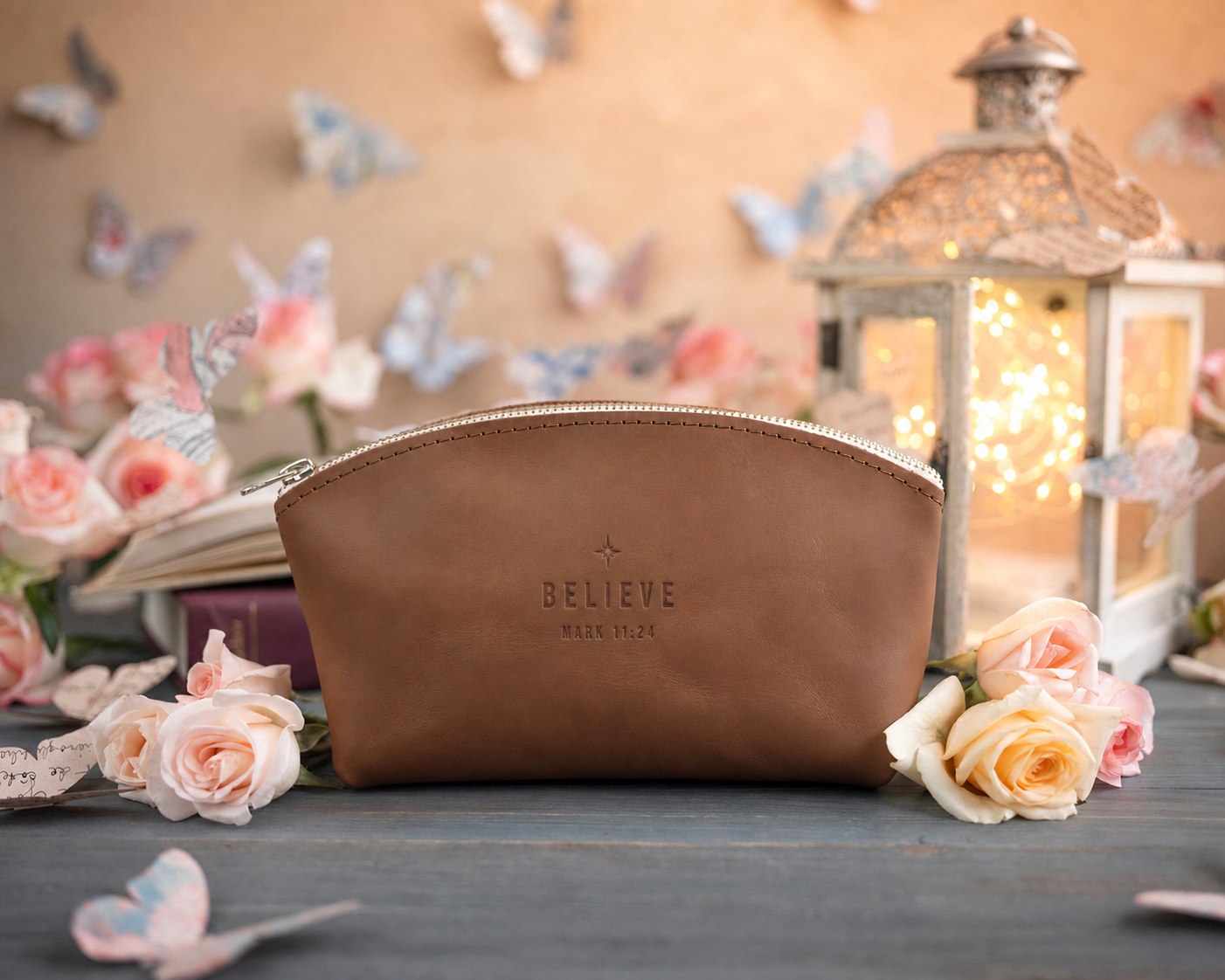 Believe Mark 11:24 Caramel full-grain leather makeup bag, Christian scripture gift