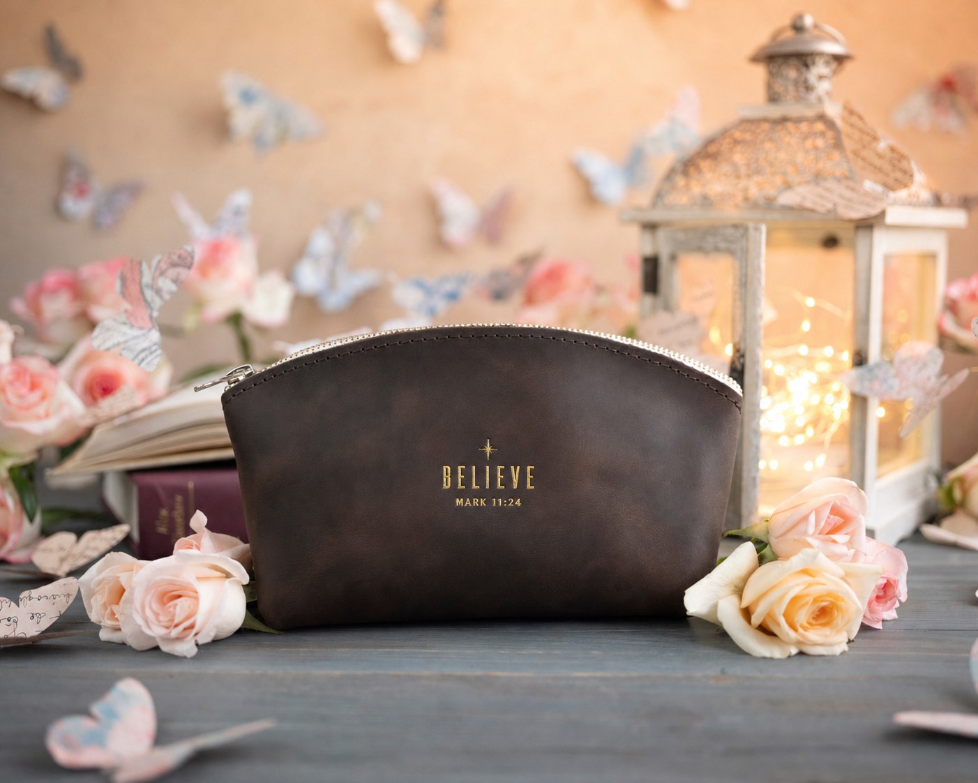 Believe Mark 11:24 Dark Espresso full-grain leather makeup bag, Christian scripture gift
