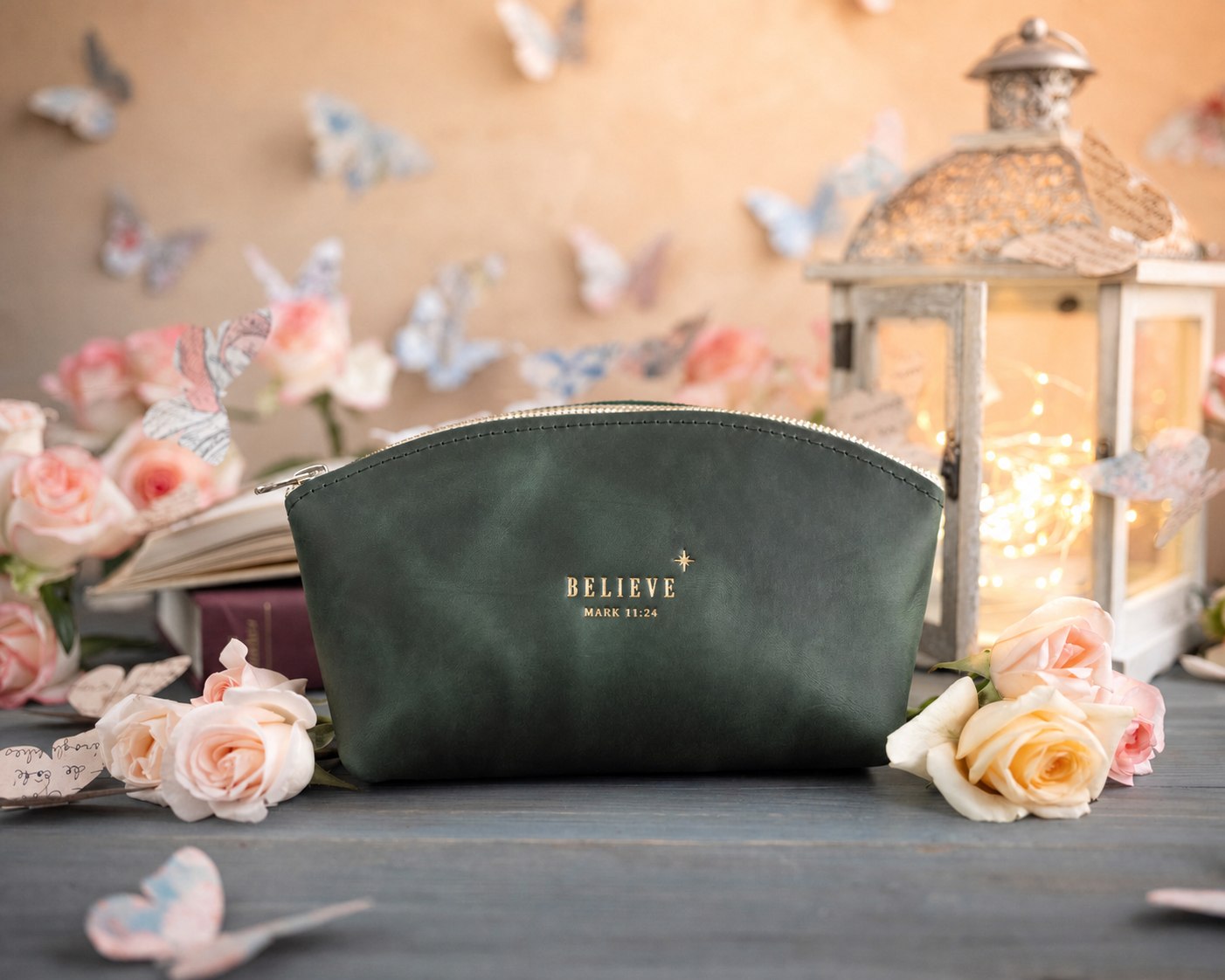 Believe Mark 11:24 Forest Green full-grain leather makeup bag, Christian scripture gift