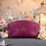 Believe Mark 11:24 Fuchsia full-grain leather makeup bag, Christian scripture gift