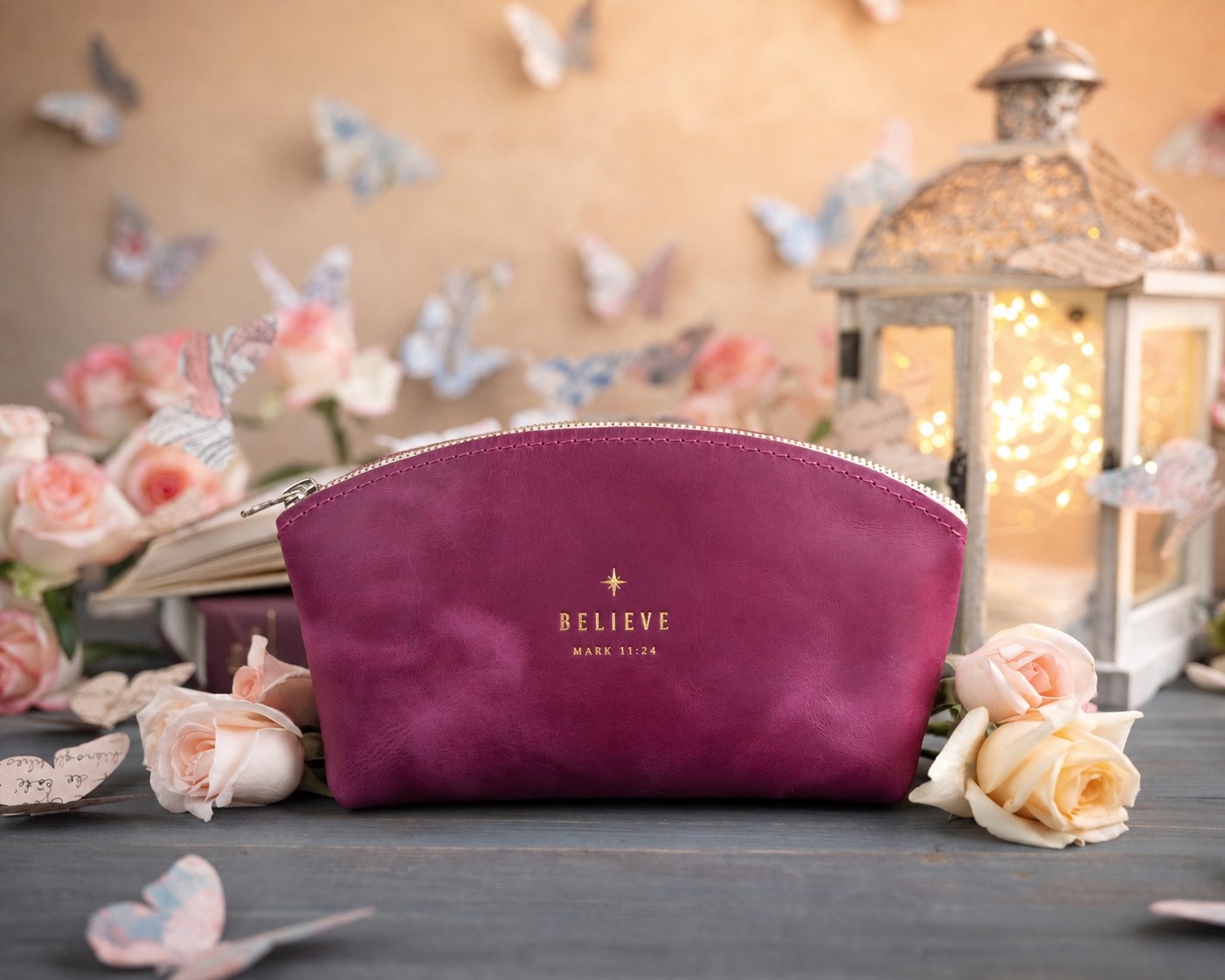 Believe Mark 11:24 Fuchsia full-grain leather makeup bag, Christian scripture gift