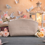 Believe Mark 11:24 Gray Sand full-grain leather makeup bag, Christian scripture gift