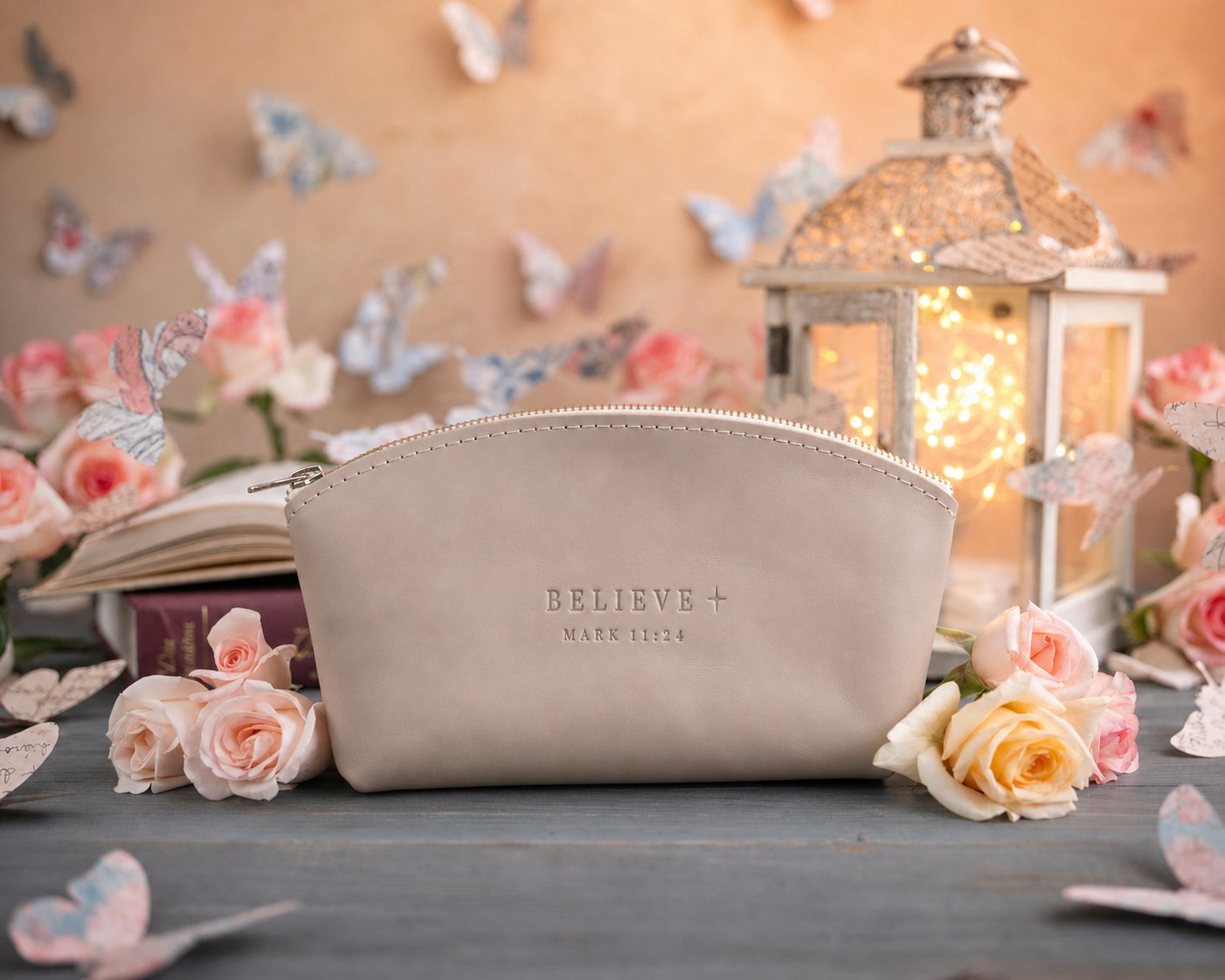 Believe Mark 11:24 Gray Sand full-grain leather makeup bag, Christian scripture gift