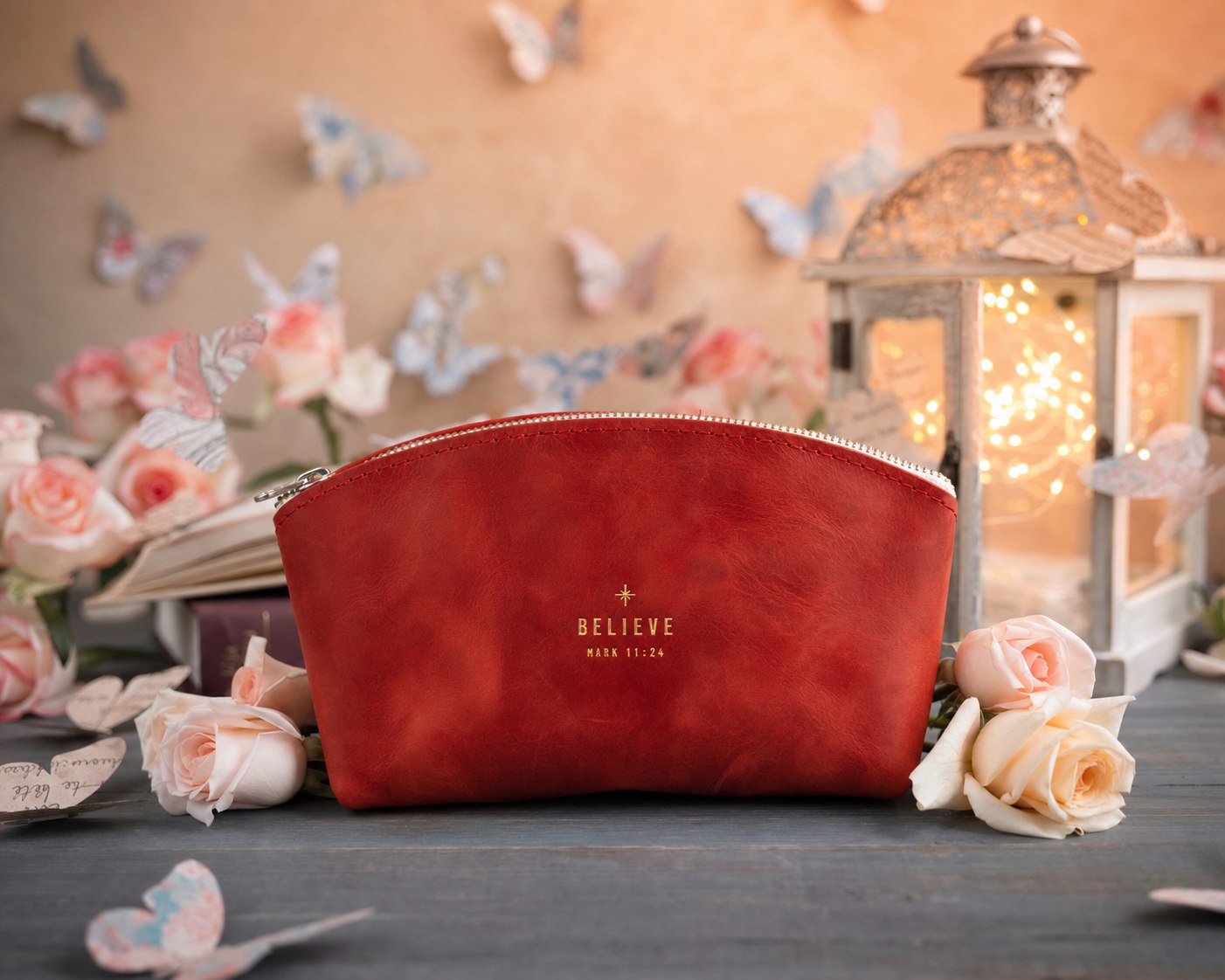 Believe Mark 11:24 Poppy Red full-grain leather makeup bag, Christian scripture gift