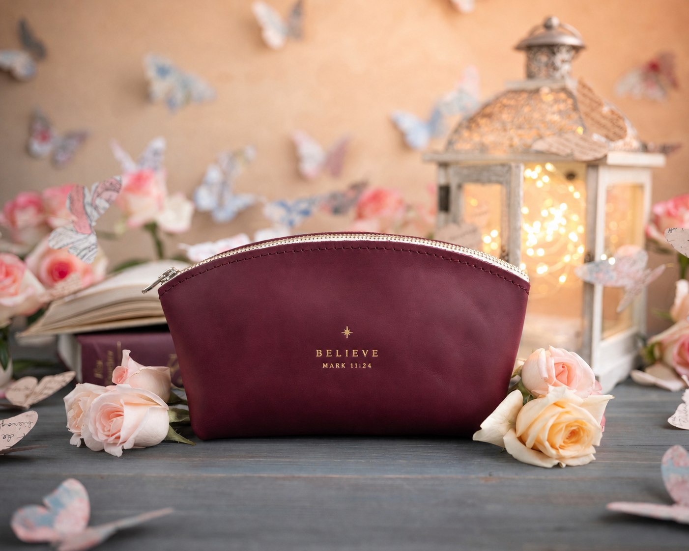 Believe Mark 11:24 Sangria full-grain leather makeup bag, Christian scripture gift