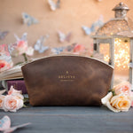 Believe Mark 11:24 Sicilian Brown full-grain leather makeup bag, Christian scripture gift