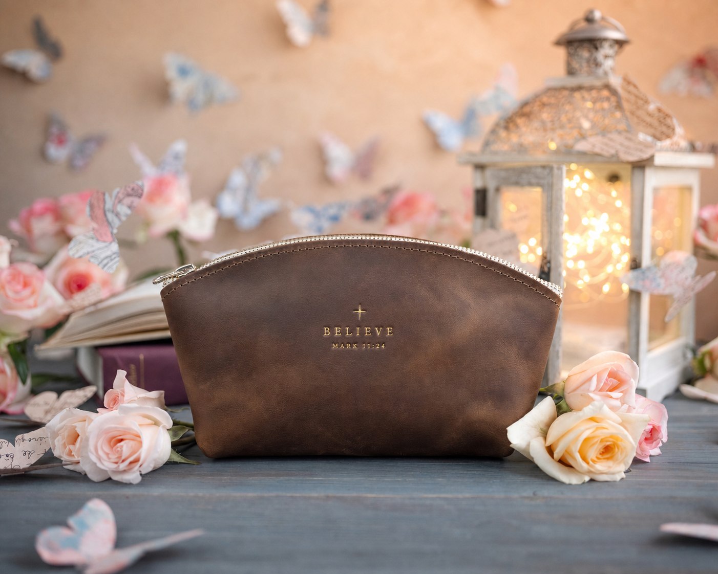 Believe Mark 11:24 Sicilian Brown full-grain leather makeup bag, Christian scripture gift