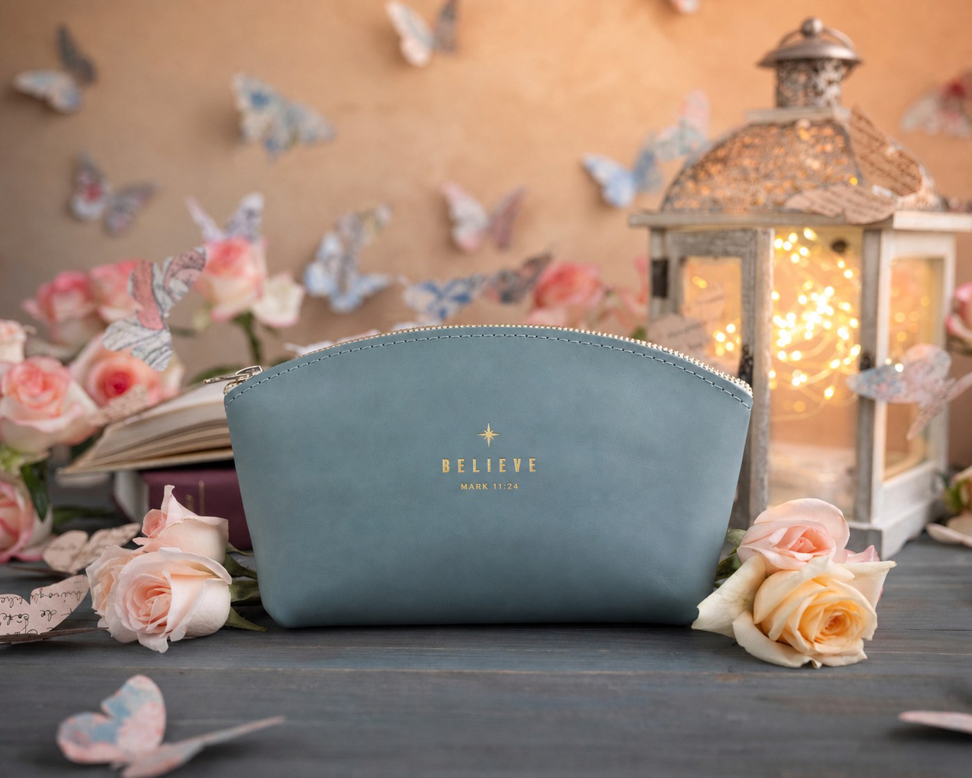 Believe Mark 11:24 Turquoise full-grain leather makeup bag, Christian scripture gift