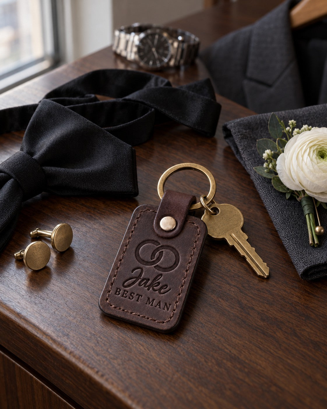 Jake BEST MAN keychain in dark brown leather on a walnut hotel dresser beside cufflinks and an untied black bow tie