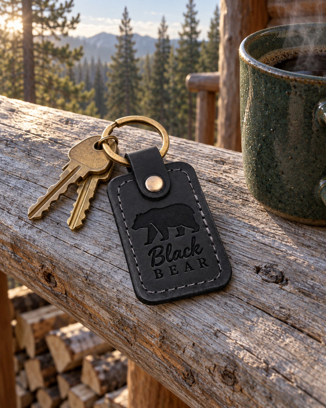 Black Bear keychain in black leather on a cabin key lying on a weathered plank table in low side light
