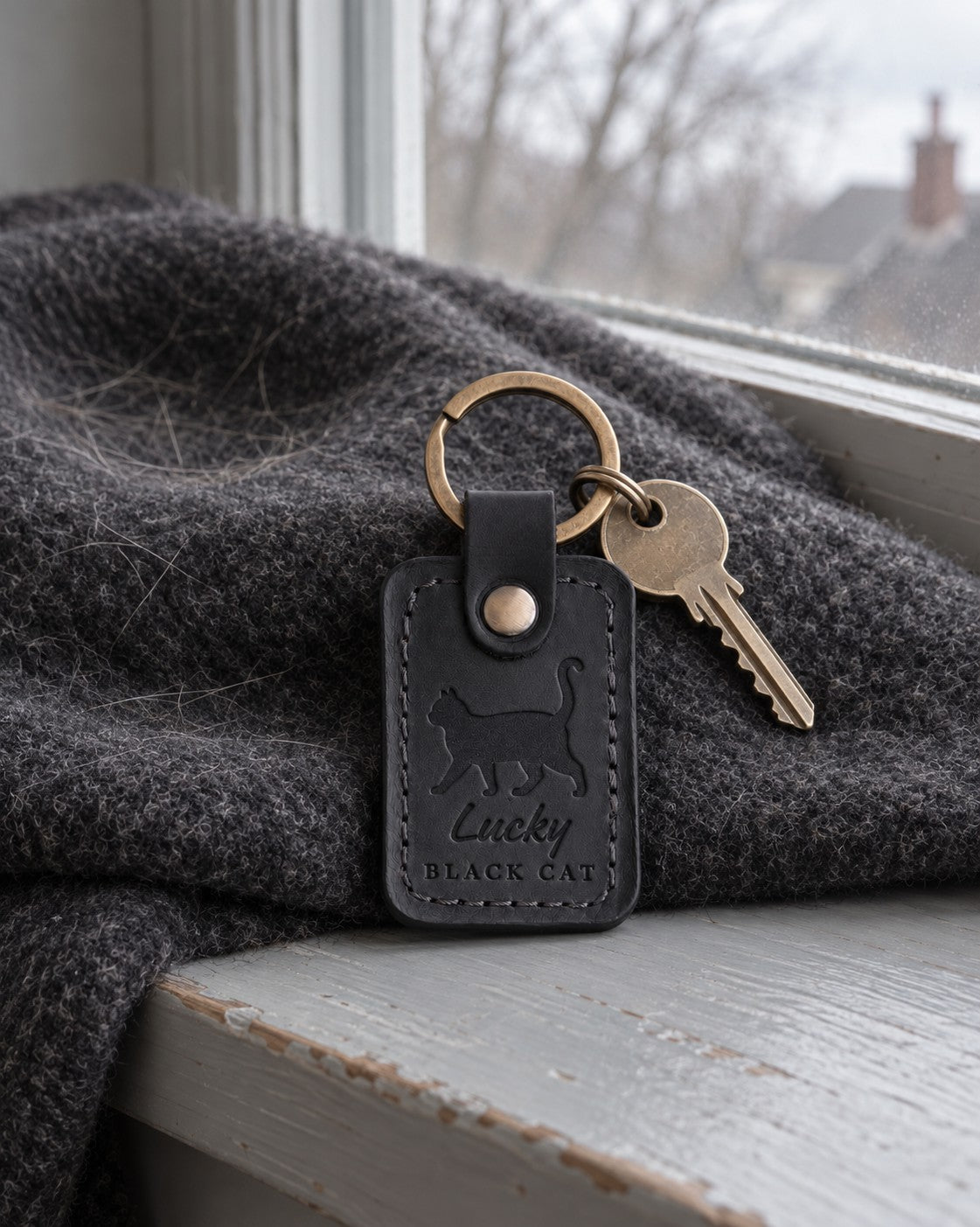 Lucky BLACK CAT keychain in black leather on a wooden table under warm lamplight