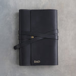 Black leather journal, Medium size, front with a debossed name