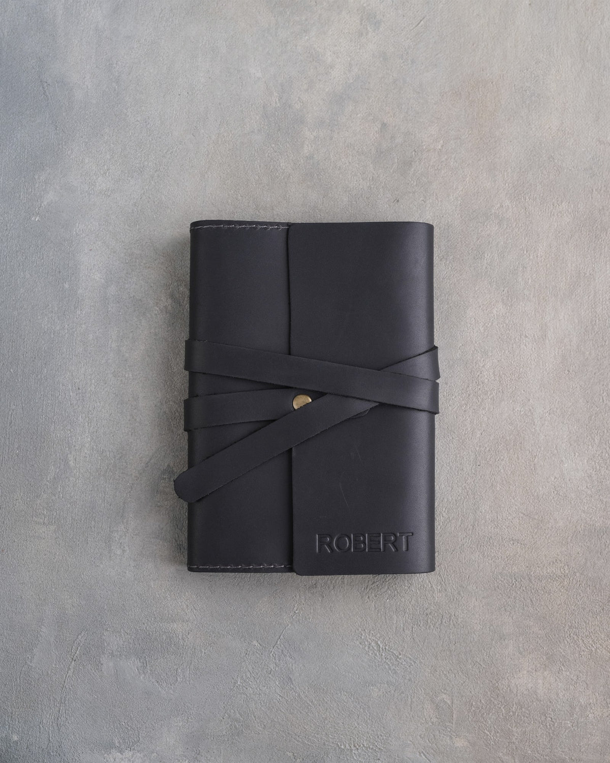 Black leather journal, Small size, front with a debossed name