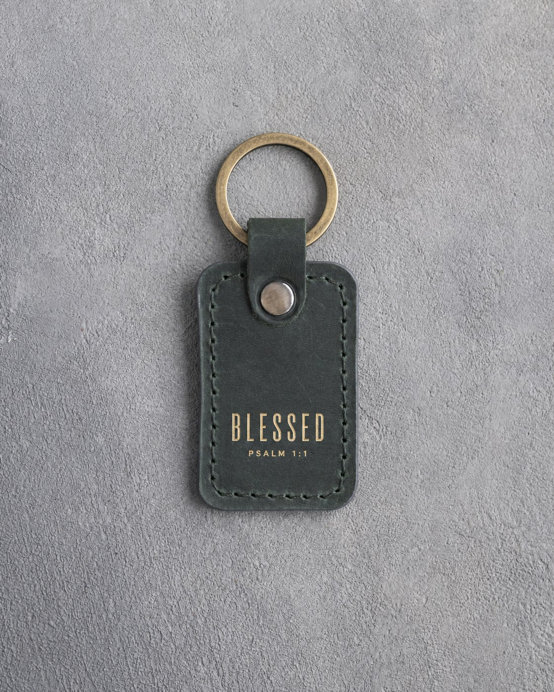 Blessed Psalm 1:1 Forest Green handcrafted leather keychain, Christian scripture gift