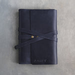 Blueberry leather journal, Medium size, front with a debossed name