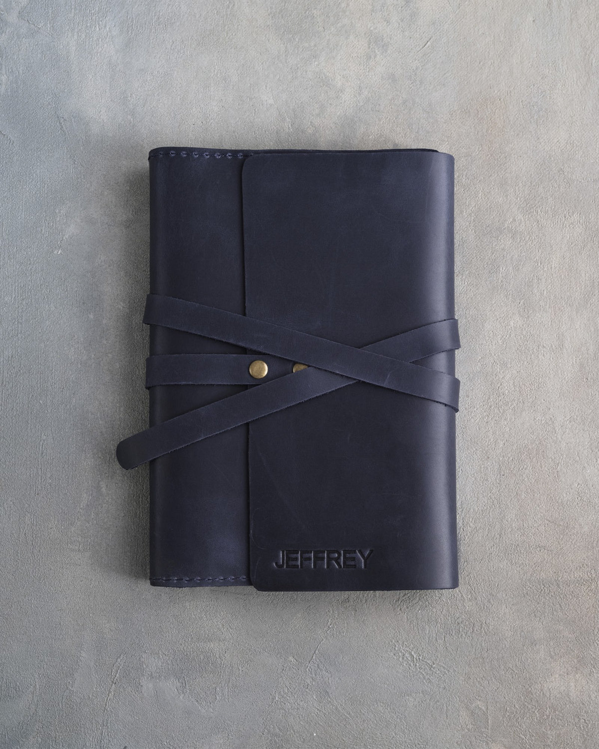 Blueberry leather journal, Medium size, front with a debossed name
